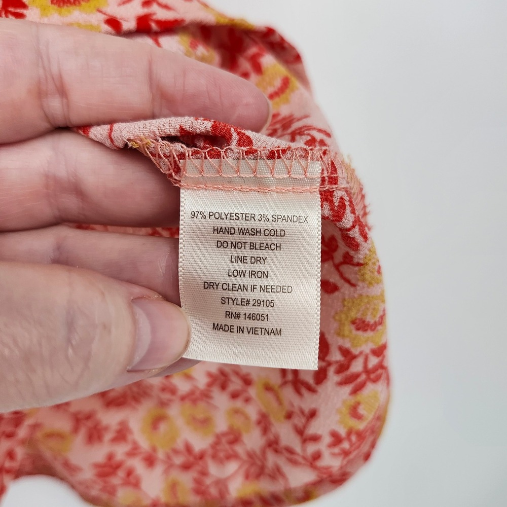 Pink Red Yellow‎ Floral Faux Wrap Top Large Boho Contemporary Colorful Cottage - Picture 6 of 7